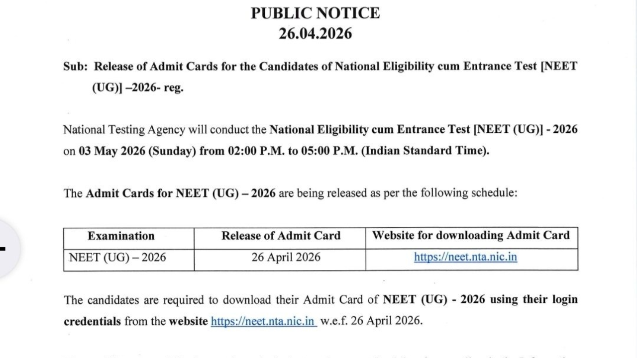NEET (UG) 2026 Admit Cards Released; Exam Scheduled for May 3